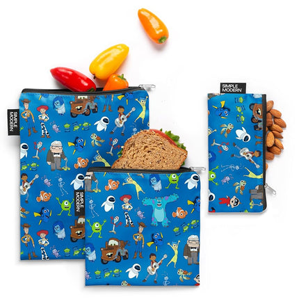 Simple Modern Disney Pixar Reusable Snack Bags for Kids, Girls, Boys | Food Safe, BPA & Phthalate Free Polyester Zip Pouches | Washable Sandwich Bag | Ellie Collection | 3 pack | Pixar Mashup on Blue