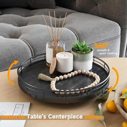 AMH 10-Inch Oak Lazy Susan Vanity Tray with Black Brushed Gold Rail