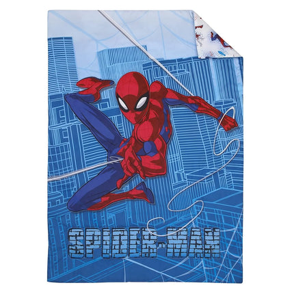 Marvel Spiderman Wall Crawler Red, White, and Blue Spider Webs 4 Piece Toddler Bed Set - Comforter, Fitted Bottom Sheet, Flat Top Sheet, and Reversible Pillowcase