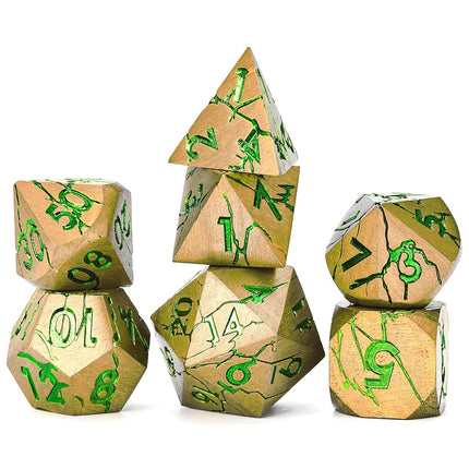 Metal Dice for DND - Ancient Cracked Pharaoh Ruins - Gold Green Cracks