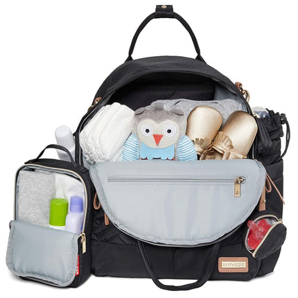 Skip Hop 200675, Multi-Function Baby Travel Bag with Changing Pad, Stroller Straps, Bottle Bag and Pacifier Pocket, Vegan Leather, Black with Gold Trim, Suite 6-in-1 Diaper Backpack Set