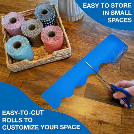 Carson Dellosa 65Ft of Blue Bulletin Board Borders, 1 Roll of Scalloped Trim for Rolling Whiteboard, Cork and Posterboard, Patriotic Decorations, Party, and Classroom Decor
