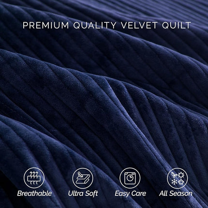 Elegant Comfort Luxury 3-Piece Velvet Corduroy Stripe Quilt Set, Ultra Soft Bedspread - Cozy Velvet Coverlet Set - 3PC Medium Weight Quilted Set with Matching Pillow Shams, Queen, Navy Blue