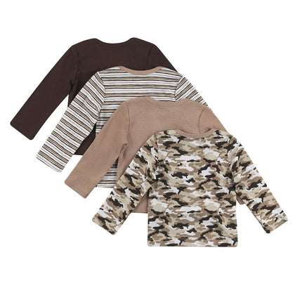 Hanes Baby and Toddler Long Sleeve Flexy Soft Knit Expandable Shoulder Pullover Undershirt (4 Pack), Dusty Brown/Tan, 0-6 Months