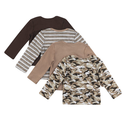 Hanes Baby and Toddler Long Sleeve Flexy Soft Knit Expandable Shoulder Pullover Undershirt (4 Pack), Dusty Brown/Tan, 0-6 Months