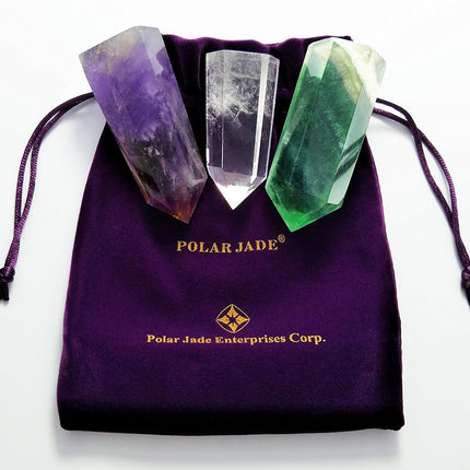 Set of 3 Healing Crystal Wands of 3 Stones: Clear Quartz, Fluorite, Amethyst Pointed & Faceted Prism Bars for Reiki Chakra Meditation Therapy Decor