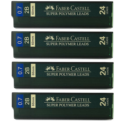 Faber-Castell 0.7mm 2B Super Polymer Premium Strong Dark Smooth Leads Mechanical Pencil Lead Refills For All 0.7 mm Mechanical Pencils (4 Tubes, 24 Leads Per Tube - Total 96 leads)