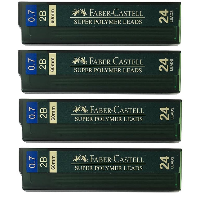 Faber-Castell 0.7mm 2B Super Polymer Premium Strong Dark Smooth Leads Mechanical Pencil Lead Refills For All 0.7 mm Mechanical Pencils (4 Tubes, 24 Leads Per Tube - Total 96 leads)