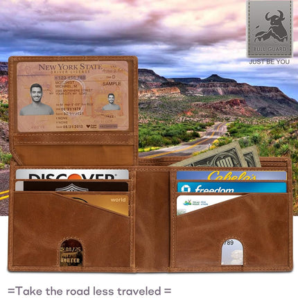 Portefeuille en cuir bifolié RFID pour homme avec porte-cartes d'identité relevable en cuir de buffle vintage marron, marron aventure - marron daim sauvage, 3,5 x 4,5, moderne