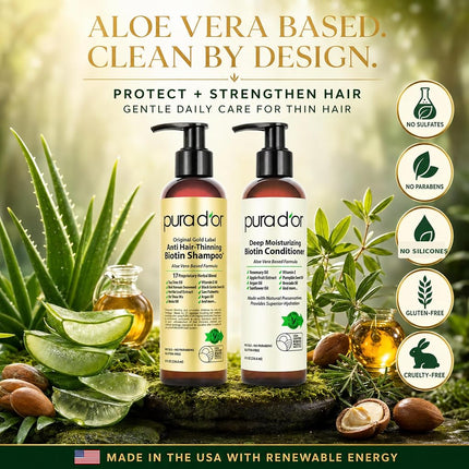 PURA D'OR Anti-Thinning Biotin Shampoo & Conditioner (8oz x 2) Original Gold Label Set, Clinically Tested Effective Solution with Herbal DHT Blockers, All Hair Types, Men & Women (Packaging may vary)