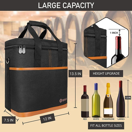 opux Wine Bag, 4 Bottle Wine Cooler Bag, Insulated Wine Tote Carrier for Travel Picnic BYOB, Leakproof Padded Portable Wine Bottle Bag for Wine Lovers Gift Women Men Christmas (Black), Brown, 6 Bottle