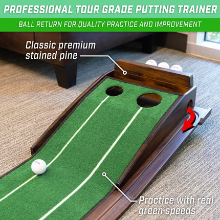 GoSports Pure Putt Golf Pista de putting de 9 pies - Ayuda de entrenamiento de madera de primera calidad para práctica de putting en casa y oficina, incluye pista de putting de 9 pies y 4 pelotas de golf