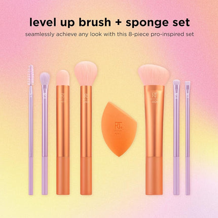 REAL TECHNIQUES Level Up Brush And Sponge Kit, Makeup Brushes For Eyeshadow, Foundation, Blush, & Bronzer, Makeup Blending Sponge, Makeup Tools, Synthetic Bristles, 9 Piece Set, 1 count