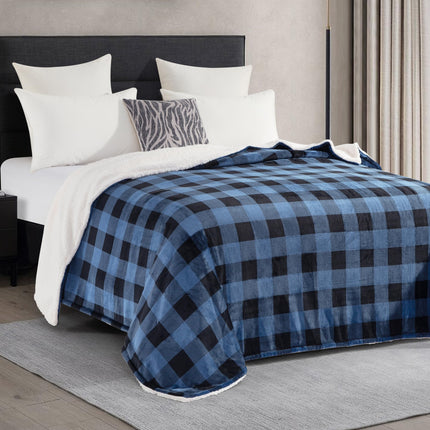 Elegant Comfort Ultra Soft Reversible Buffalo Plaid Flannel Sherpa Blanket - Cozy Silky Checkered Fleece Throw for Couch, Bed - Plush Fuzzy Warm Winter Blanket for Gift, Twin XL, Blue