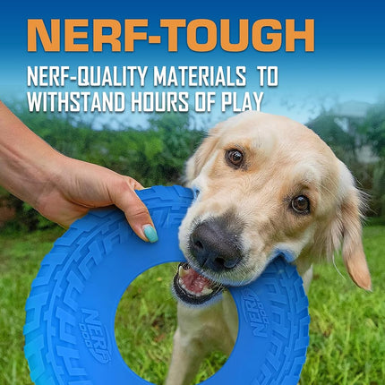 Nerf Dog Rubber Tire Flyer Dog Toy, Flying Disc, Lightweight, Durable, Floats in Water, Great for Beach and Pool, 10 Inch Diameter, for Medium/Large Breeds, Single Unit, Blue, Original