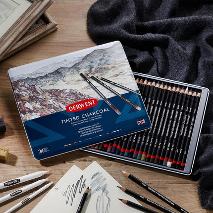 Derwent Tinted Charcoal Drawing Pencils, Drawing & Writing, Set Of 24, Watersoluble, Ideal For Blending & Smudging, Professional Quality, 2301691