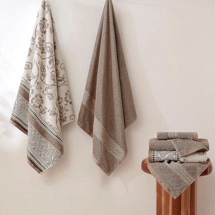 Modern Threads 6 Piece Set, 2 Bath Towels, 2 Hand Towels, 2 Washcloths Yarn Dyed Jacquard/Solid Towel Set Ophelia Fawn