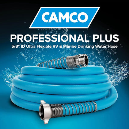 Camco EvoFlex 50-Foot Drinking Water Hose | Features an Extra Flexible Construction, Stainless Steel Strain Reliefs on Each Hose End, and is Ideal for RV and Marine Use (22596)