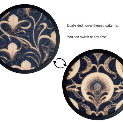 Absorbent Coasters for Drinks with Holder - 6packs, Silicone Coasters with Soft Felt Insert (4.3 inch Coasters with 4.5 inch Holder, Dual-Sided Flower -Themed Patterns)