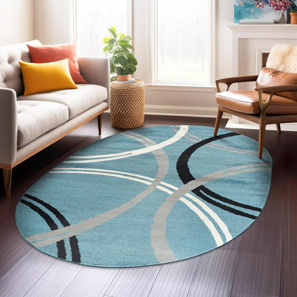 Tapis ovale à motif de cercles ondulés modernes Rugshop, tapis anti-chute pour salon, chambre ou salle à manger, bleu, ovale 1,5 m x 2,1 m