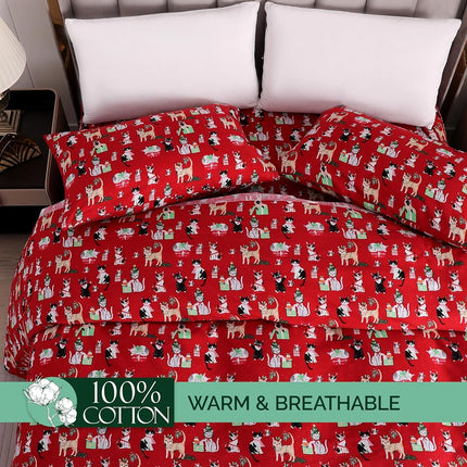 Elegant Comfort Ultra Soft 4-Piece 100% Turkish Cotton Flannel Sheet Set - Holiday Christmas Flannel Sheets, Warm and Cozy Premium Quality, Deep Pocket Fitted Sheet- Twin, Cats in Holiday