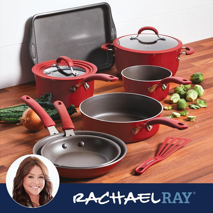 Rachael Ray Cook + Create Nonstick Cookware/Pots and Pan Set, 10 Piece, Red