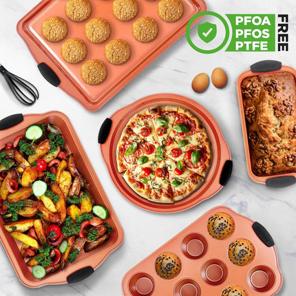 NutriChef 10-Piece Non-Stick Baking Pans Set - Premium Nonstick Carbon Steel Oven Bakeware - Includes Cookie Sheets, Muffin & Cake Pans, Pizza Crisper, Roasting Pans, w/Silicone Handles - Copper