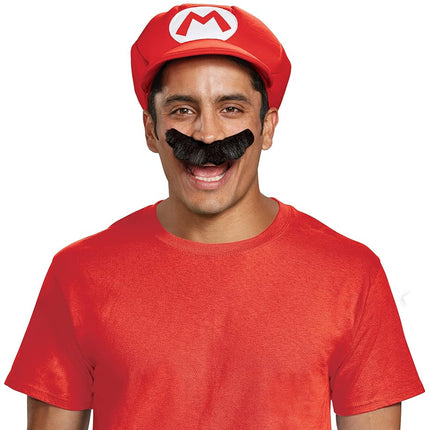 Accesorios de disfraz de fontanero de Nintendo Super Mario con gorra roja y bigote para adultos