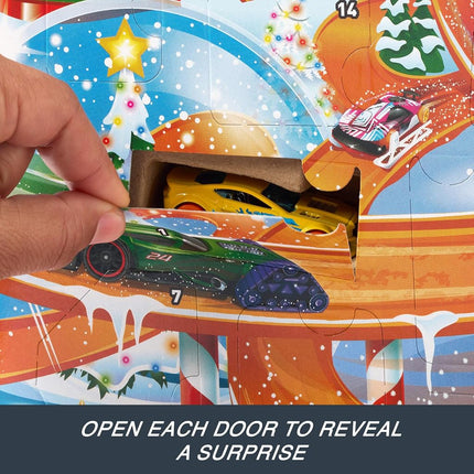 Hot Wheels Toy Cars, Advent Calendar 2024, 8 Hot Wheels Cars in Scale 1:64, Behind 24 Numbered Doors Hide 16 Winter Accessories and a Play Mat, HTG00
