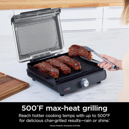 Ninja GR101 Sizzle Smokeless Indoor Grill & Griddle, 14'' Interchangeable Nonstick Plates, Dishwasher-Safe Removable Mesh Lid, 500F Max Heat, Even Edge-to-Edge Cooking, Grey/Silver