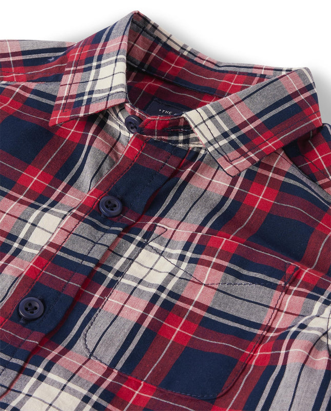 The Children's Place Baby Boys Poplin Short Sleeve Button Down Shirt, Apple Red Plaid, 9-12 Months
