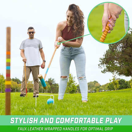 GoSports Premium Wood Stained Six Player Croquet Set with Handcrafted Wooden Stand