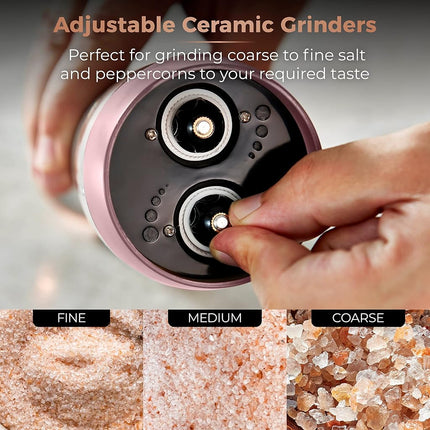 Tower T847004PNK Electric Salt and Pepper Mills, Battery Operated with Adjustable Ceramic Grinders, Pink and Rose Gold