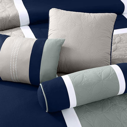 Chezmoi Collection 7-Piece Quilted Patchwork Set, Polyester, Navy/Blue/Grey, Queen