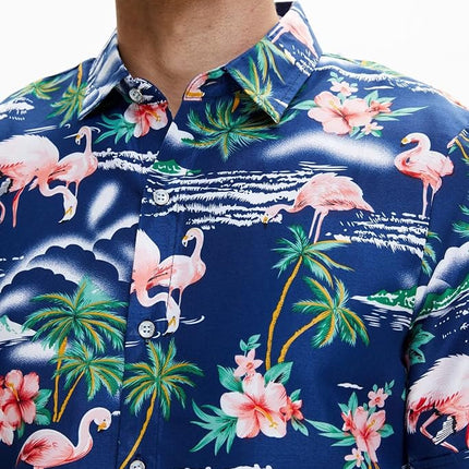 Camisa Hawaiana de ocio para hombre SSLR de flamencos, flores - Azul - Grande