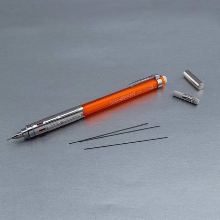 Portaminas Pentel Arts GraphGear 300, (0.3mm) trazo extrafino, barril naranja, con goma de borrar pequeña + 1 tubo de minas