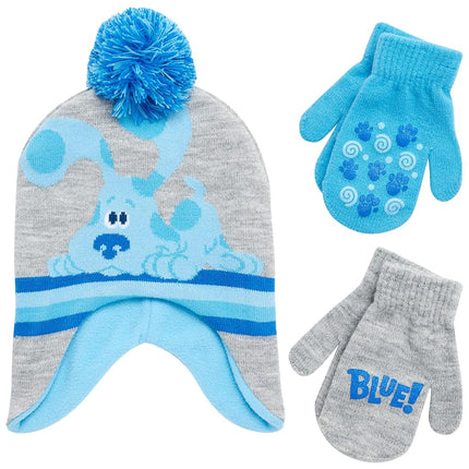 Set de gorro de invierno de Blue's Clues de Nickelodeon para niños - Gorro de pompón y manoplas de 2 piezas, talla 2-4 años, azul/gris