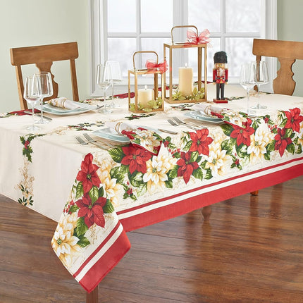 Threadmade Elrene Red and White Poinsettia Fabric Christmas Tablecloth, Polyester, 84" x 60" (Oblong)