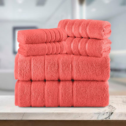 Elegant Comfort 4 Lines Viscose Stripe 6-Piece Premium Towel Set - 100% Turkish Cotton High Absorbent Luxury Bathroom Towels – Includes 2 Washcloths, 2 Hand Towels and 2 Bath Towels Set, Coral