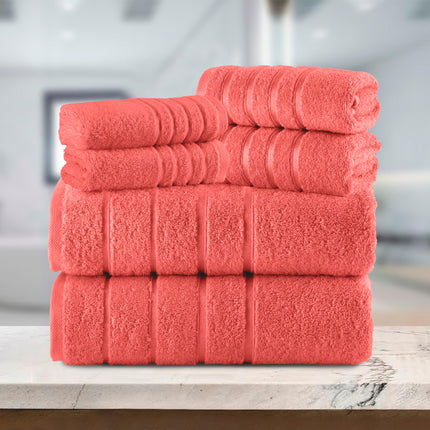Elegant Comfort 4 Lines Viscose Stripe 6-Piece Premium Towel Set - 100% Turkish Cotton High Absorbent Luxury Bathroom Towels – Includes 2 Washcloths, 2 Hand Towels and 2 Bath Towels Set, Coral