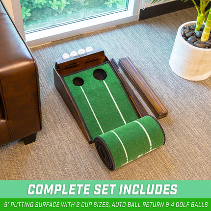GoSports Pure Putt Golf Pista de putting de 9 pies - Ayuda de entrenamiento de madera de primera calidad para práctica de putting en casa y oficina, incluye pista de putting de 9 pies y 4 pelotas de golf