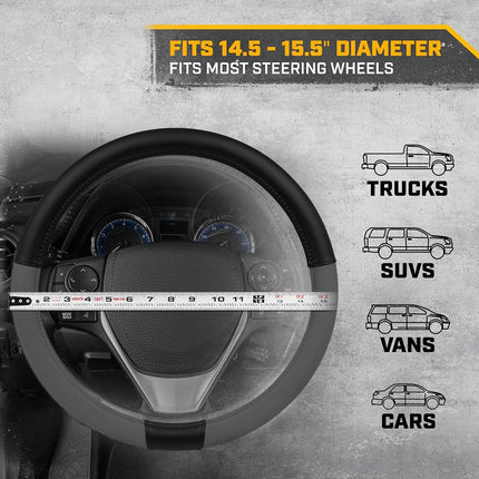 CAT® ErgoDrive Car Steering Wheel Cover with Dark Gray Grip, Standard 15 inch Size, Durable and Comfortable with Advanced Grip, Black Faux Leather Steering Wheel Cover for Auto Truck Van SUV