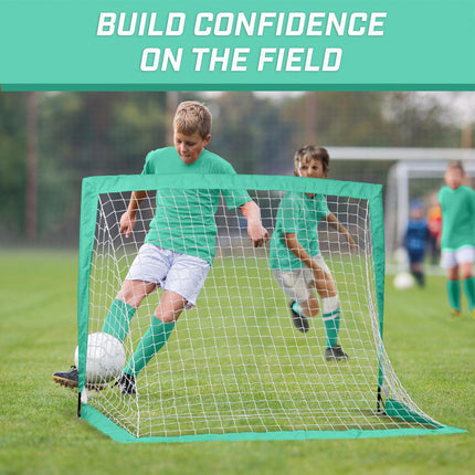 GoSports Team Tone 4 ft x 3 ft Portable Soccer Goals for Kids - Set of 2 Pop Up Nets for Backyard - Turquoise
