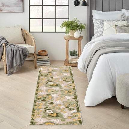 Nourison Aloha Indoor/Outdoor Ivory Green 2'3" x 8' Area Rug, Easy Cleaning, Non-Shedding, Bed Room, Living Room, Dining Room, Backyard, Patio, Deck (2x8)