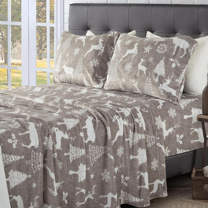 Elegant Comfort Luxuriously Soft 4-Piece Holiday Velvet Plush Flannel Sheet Set - Premium Quality - Cozy Warm, Christmas Fuzzy Velvet Flannel Fleece Deep Pocket Sheet Set - Twin XL, Silver Reindeer
