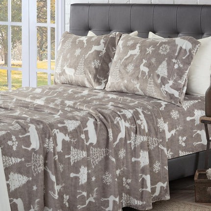 Elegant Comfort Luxuriously Soft 4-Piece Holiday Velvet Plush Flannel Sheet Set - Premium Quality - Cozy Warm, Christmas Fuzzy Velvet Flannel Fleece Deep Pocket Sheet Set - Twin XL, Silver Reindeer