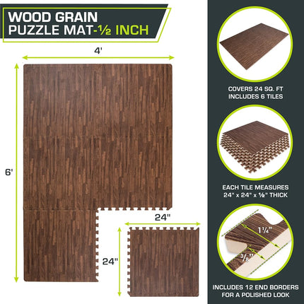 ProsourceFit Wood Grain Puzzle Mat 1/2-inch, 6 EVA Foam Interlocking Floor Tiles (24 SQ FT) for Secure Indoor Gym Flooring, Office Spaces, Living Rooms, and Play Areas, Dark Oak