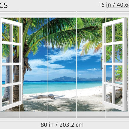 FLFK Fake Window Wall Mural - Beach Palm Trees Faux Window Wall Sticker for Wall Decor, Stick and Peel Wall Decals, 80"x60", Set of 5 Sheets