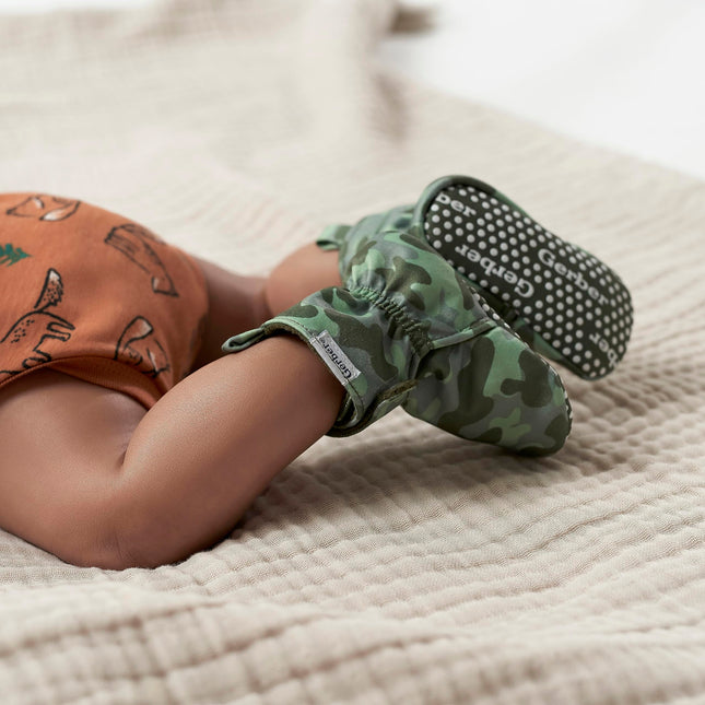 Gerber Baby Fleece Lined Wrap Fasten Non Skid Soft Slipper Booties, Green Camo, 3 6_Months Unisex Infant