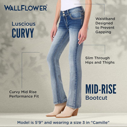 WallFlower Women's Luscious Curvy Bootcut Mid-Rise Insta Stretch Juniors Jeans (Standard and Plus), Camille, 16 Short